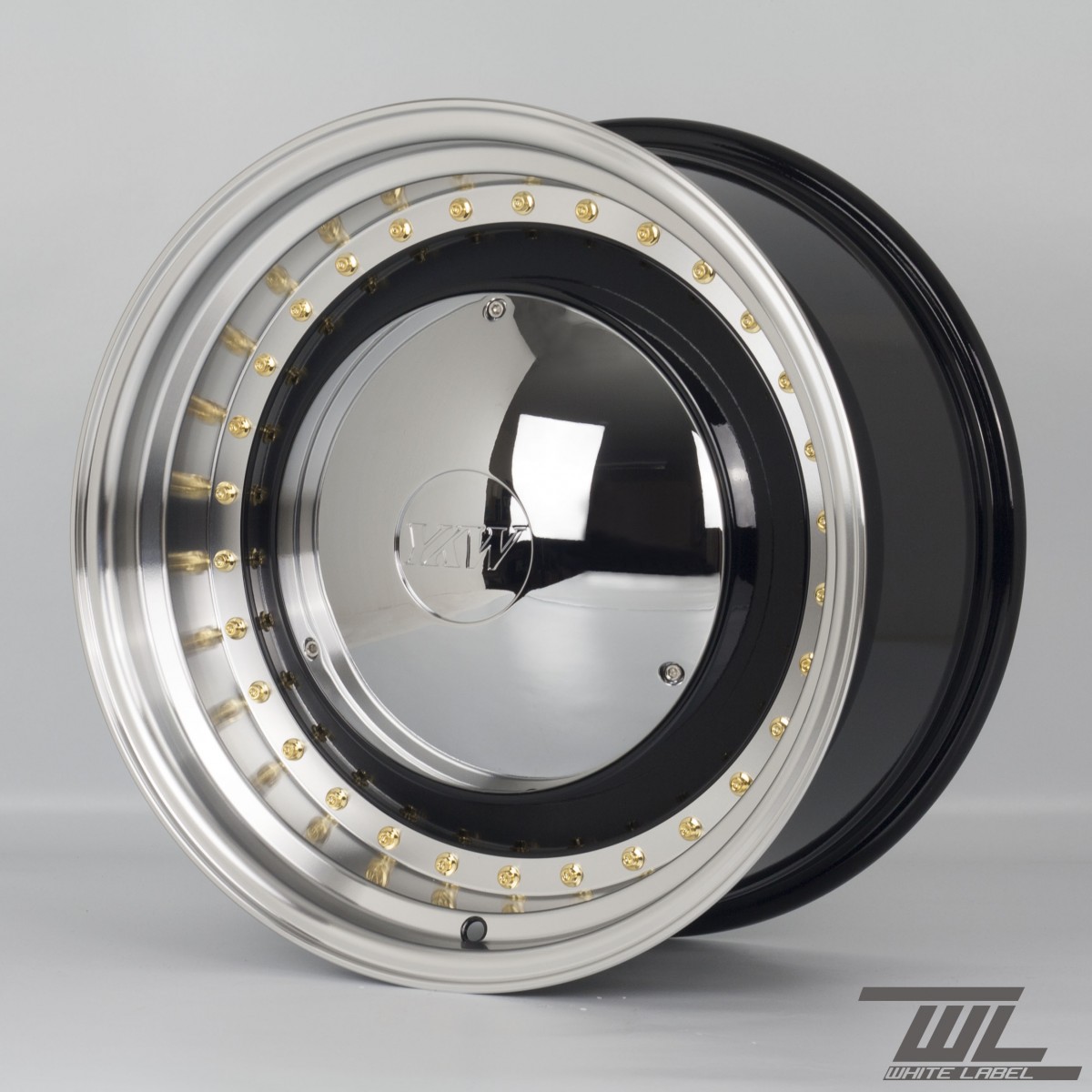White Label YKW7708 Smoothie 17x7.5 and 17x8.5 5x112 Staggered Wheel Set in Black with Polished Lip and Chrome Hub Cap
