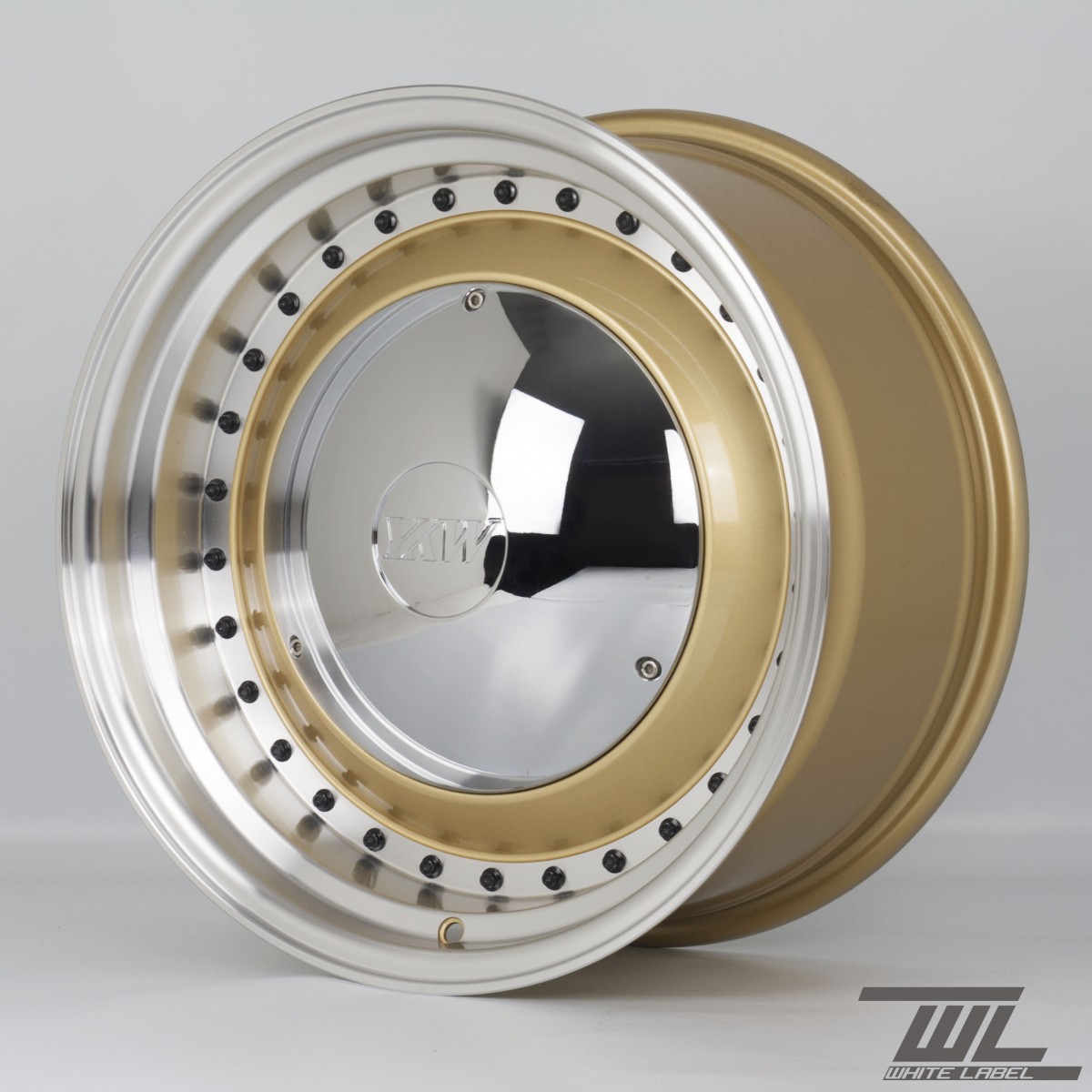White Label YKW7708 Smoothie 17x7.5 and 17x8.5 5x100 Staggered Wheel Set in Gold with Polished Lip and Chrome Hub Cap