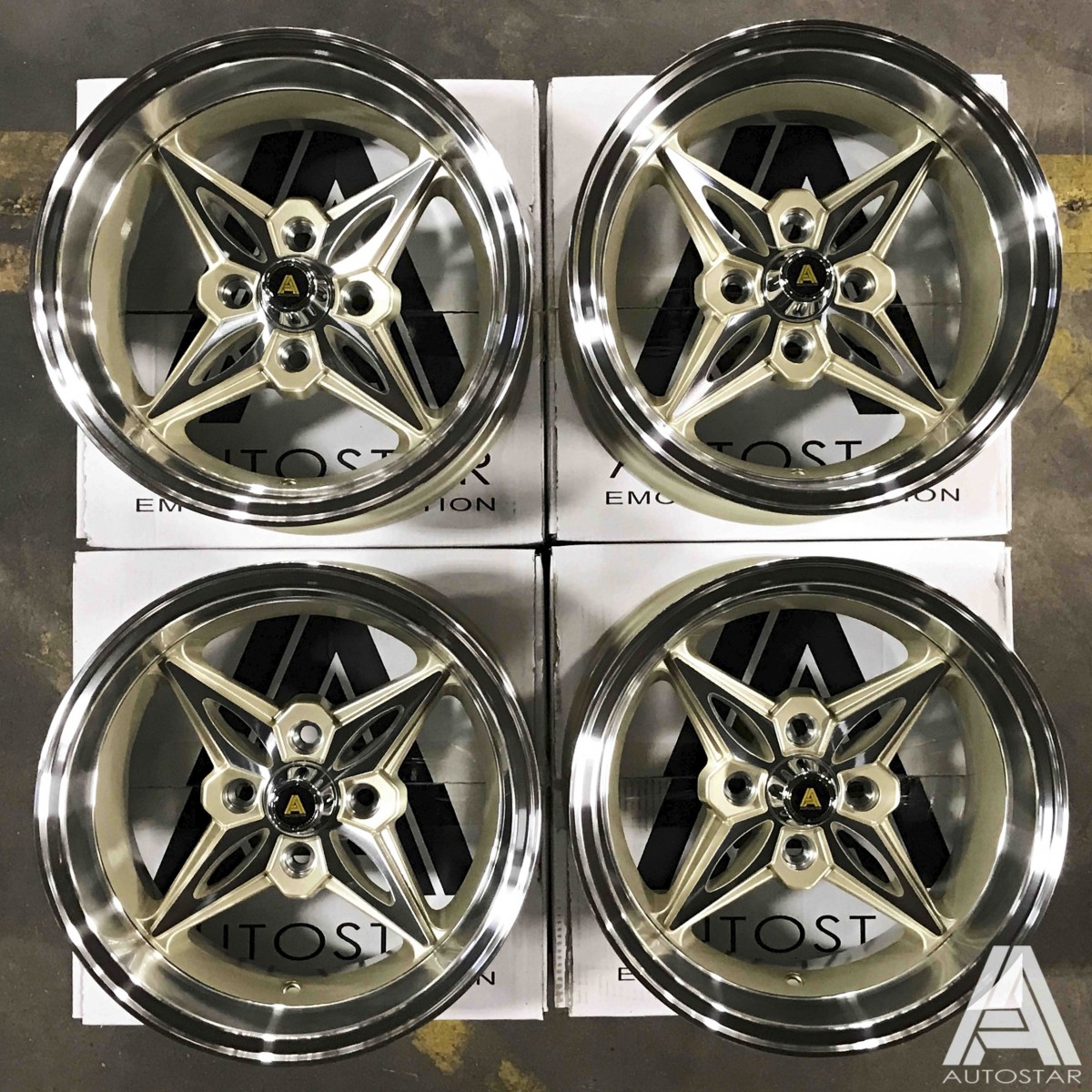 AutoStar Kanji 14x8.0 4x100 ET-5 Polished Lip with Champagne Gold Centre - Set of 4