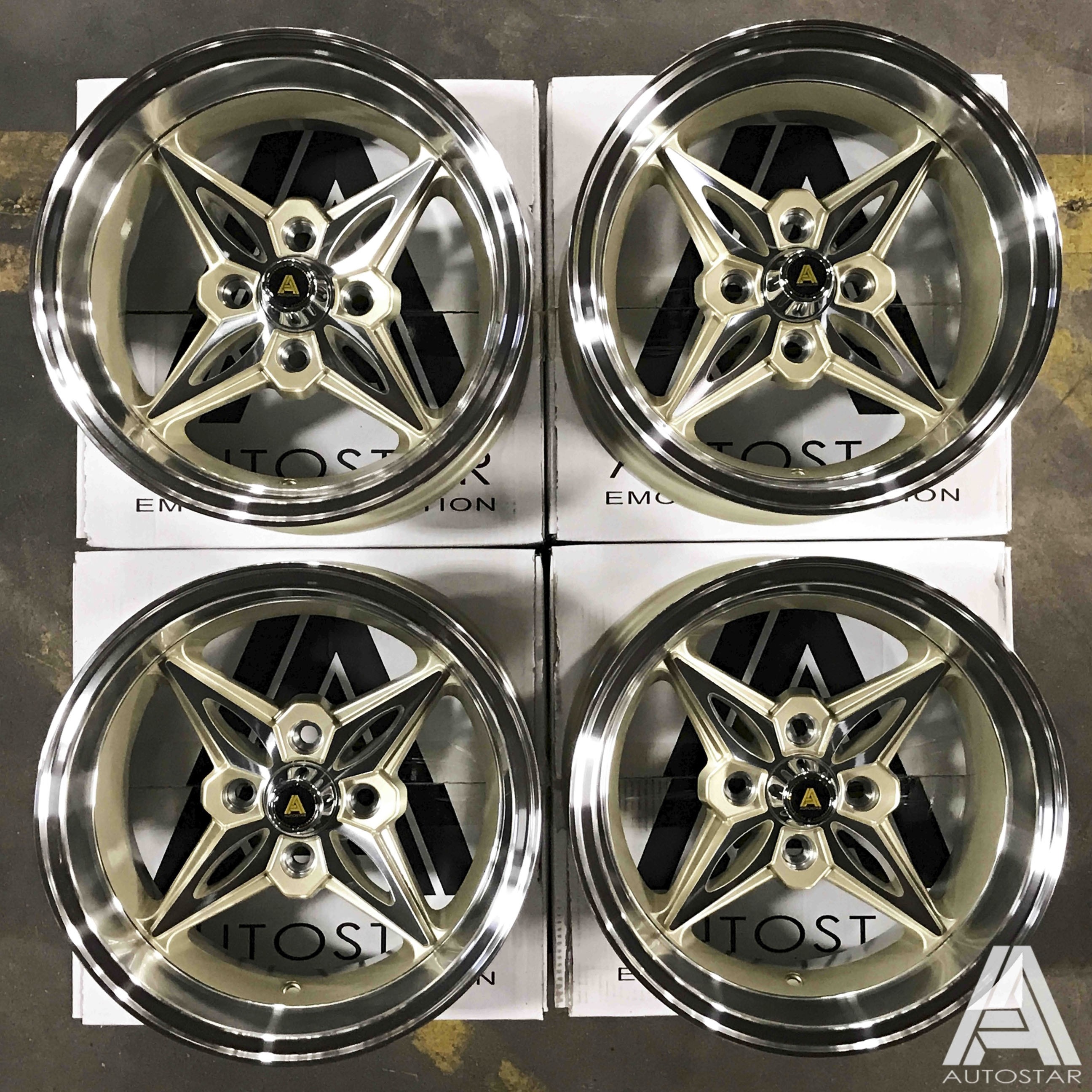 AutoStar Kanji 14x8.0 ET-5 & 14x9.0 ET-13 4x114 Polished Lip with Champagne Gold Centre - Staggered Set of 4