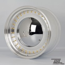 White Label YKW7708 Smoothie 17x7.5 and 17x8.5 5x100 Staggered Wheel Set in White with Polished Lip and Chrome Hub Cap